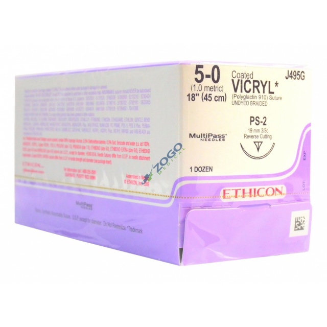 J495G Suture 5-0 Coated Vicryl 18" Undyed Braided PS-2