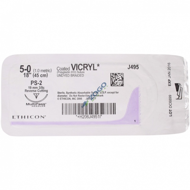 J495H Suture 5-0 Coated Vicryl 18" Undyed Braided PS-2
