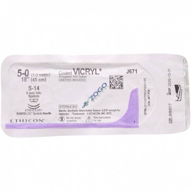 J671G Suture 5-0 Coated Vicryl 18" Undyed Braided S-14