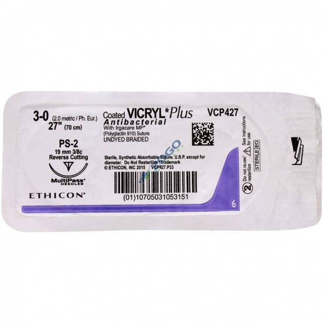 VCP427H Suture 3-0 Coated Vicryl Plus 27" Undyed Braided PS-2 - Expired