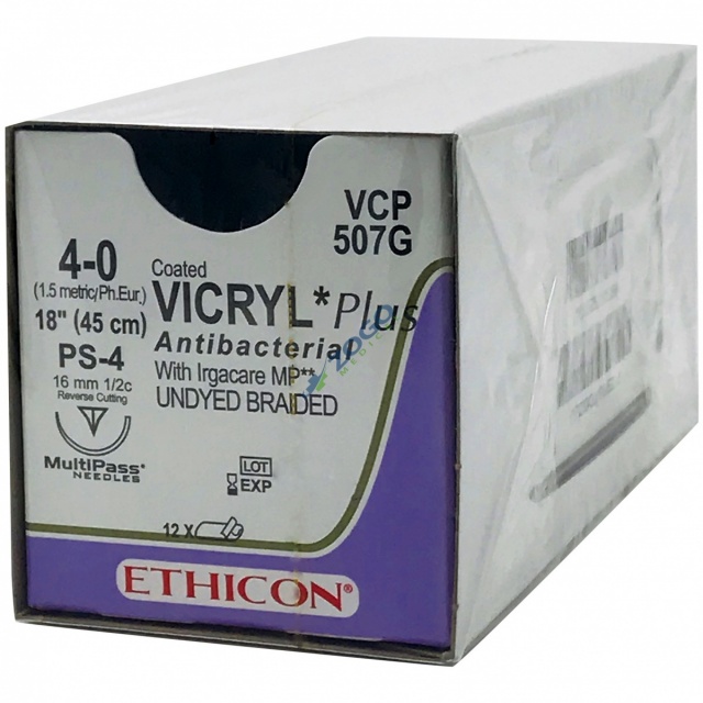 VCP507G Suture 4-0 Coated Vicryl Plus 18" Undyed Braided PS-4
