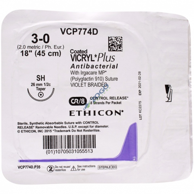 VCP774D Suture 3-0 Coated Vicryl Plus 18" VLT Braided SH