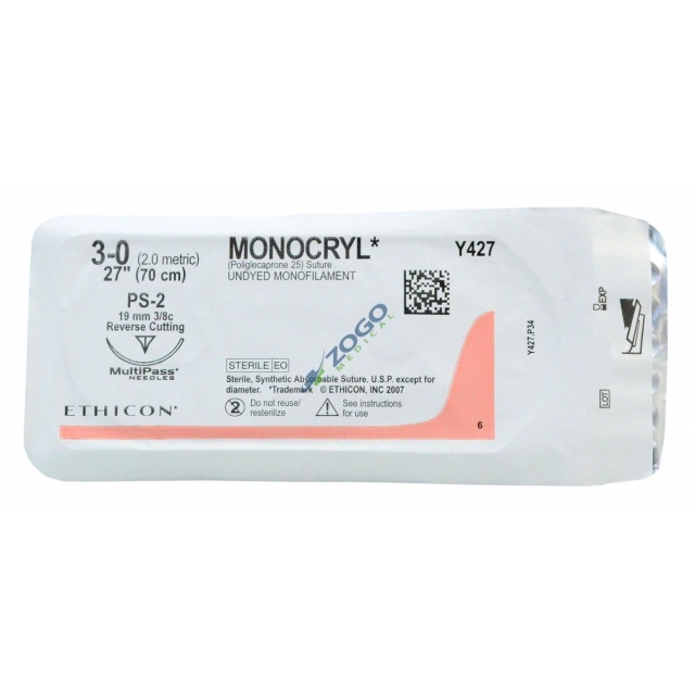 Y427H Suture 3-0 Monocryl 27" Undyed Mono PS-2 (Expired)