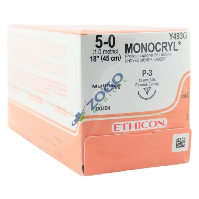 Y493G Suture 5-0 Monocryl 18" Undyed Mono P-3