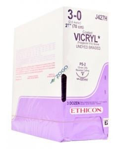 J427H Suture 3-0 Coated Vicryl 27" Undyed Braided PS-2, 30705031039784